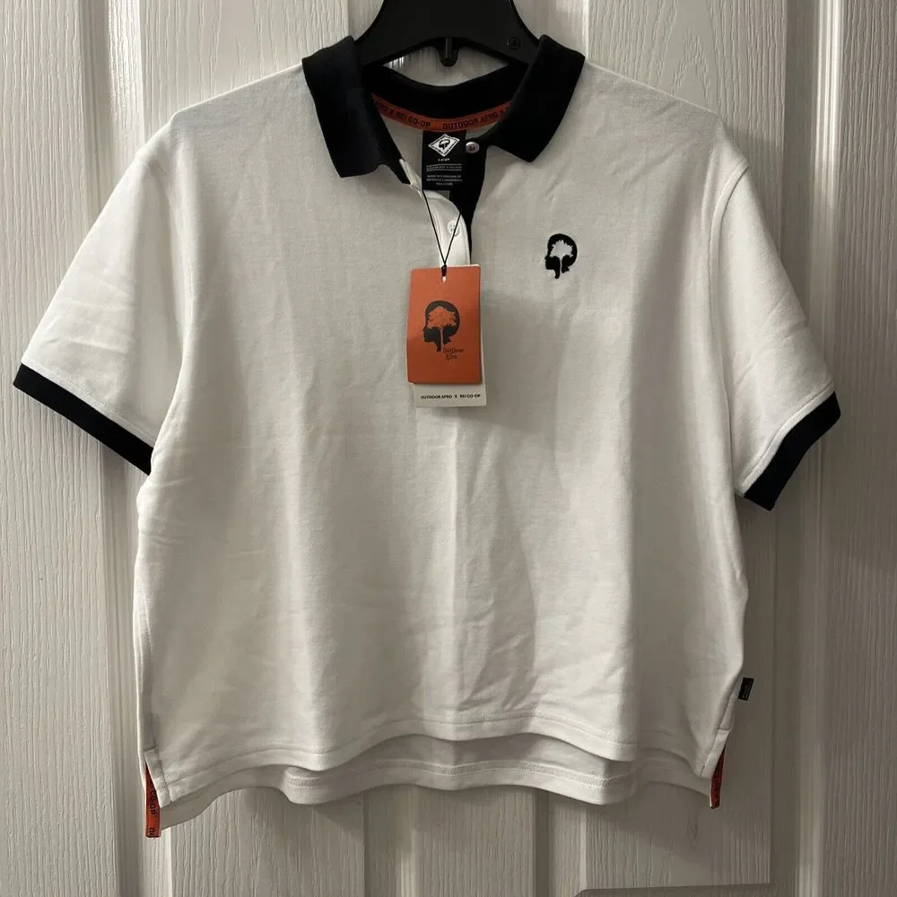 Outdoor Afro + REI Co Op Women's Large Polo Shirt‎ White Black Ring Band Sleeve